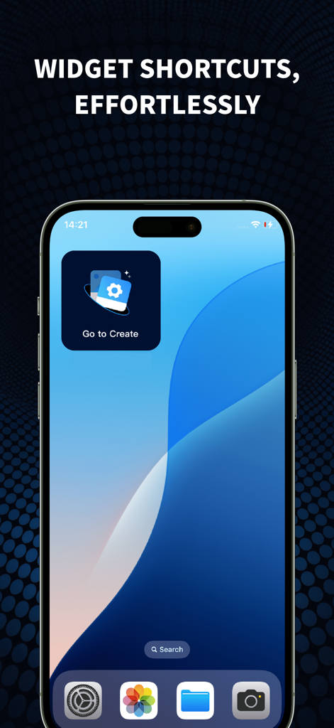 Wallpaper - Live Engine - Écran d'accueil de l'iPhone affichant un raccourci widget Aller à Créer pour un accès rapide aux outils de fond d'écran animé.