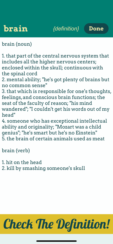 Brain Games : Words & Numbers - Diccionario en el juego que muestra las definiciones de sustantivo y verbo para la palabra 'brain' (cerebro)
