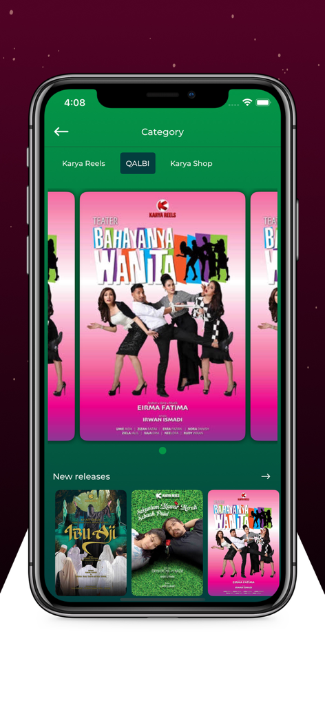 Karya Reels - The Karya Reels mobile app interface displaying a selection of short-form Malaysian dramas and films under the category section.