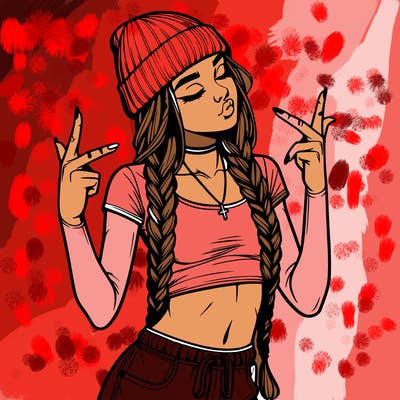 realistic teenage girl with braids and a beanie and crop top doing 🫶🏼