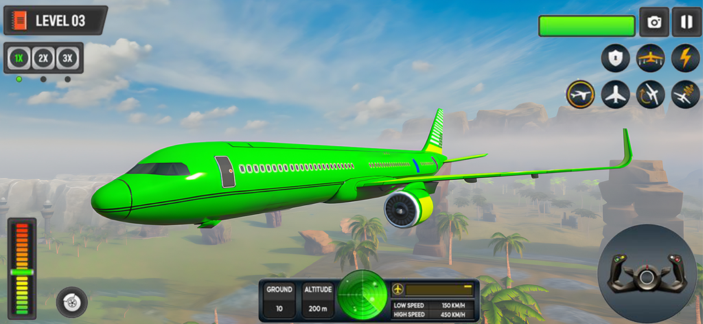 Airplane Game:Pilot Simulator - A green passenger jet flying over a tropical landscape with flight controls and HUD in a mobile airplane game