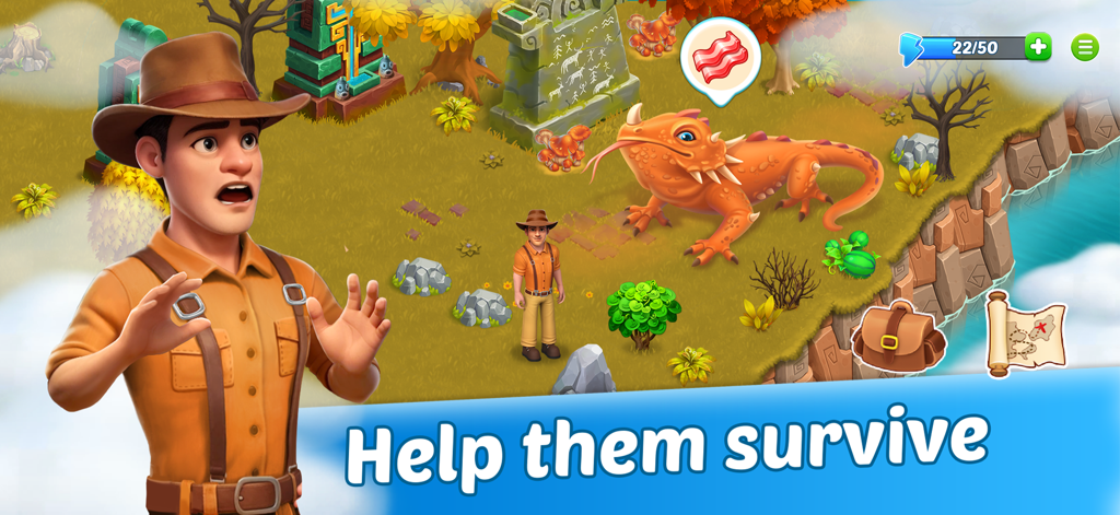 James encontrando un lagarto naranja gigante en Griffin Island Farm Adventure con el texto Ayúdalos a sobrevivir