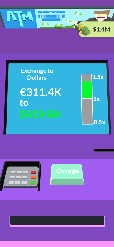 ユーロからドルへの通貨両替画面と利益乗数バーが表示されている3Dモバイルゲームインターフェース。