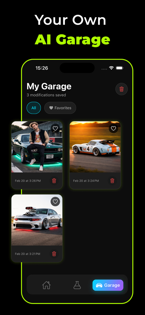 AI Car Modifications - CarMod - Pantalla Mi Garaje en la aplicación CarMod mostrando diseños de coches personalizados guardados