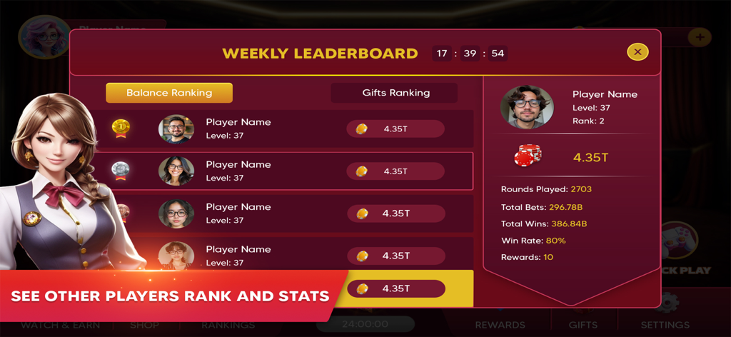 Schermata della classifica settimanale che mostra le classifiche dei giocatori e le statistiche di gioco in Roulette Live Casino