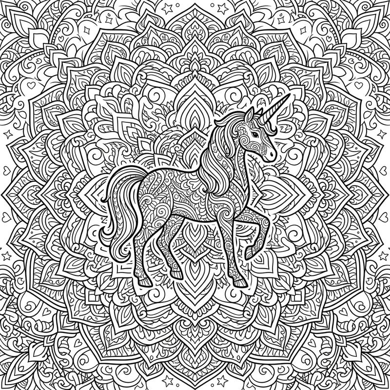 Discover the enchanting world of Unicorn Mandalas blended with intricate Zentangle art. This unique coloring page offers a mesmerizing design for both relaxation and creative expression.