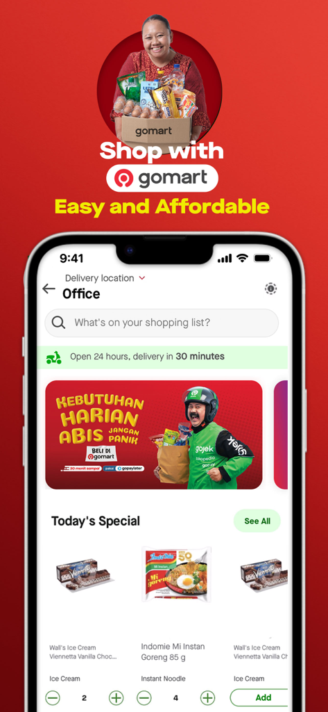 Gojek app screenshot showing the GoMart grocery delivery service with local food items and a fast delivery banner.