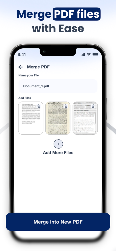 Smart Scanner: Convert PDF Doc - Un'interfaccia di app mobile che mostra la funzione di unione file PDF con opzioni per aggiungere più documenti e nominare il nuovo file