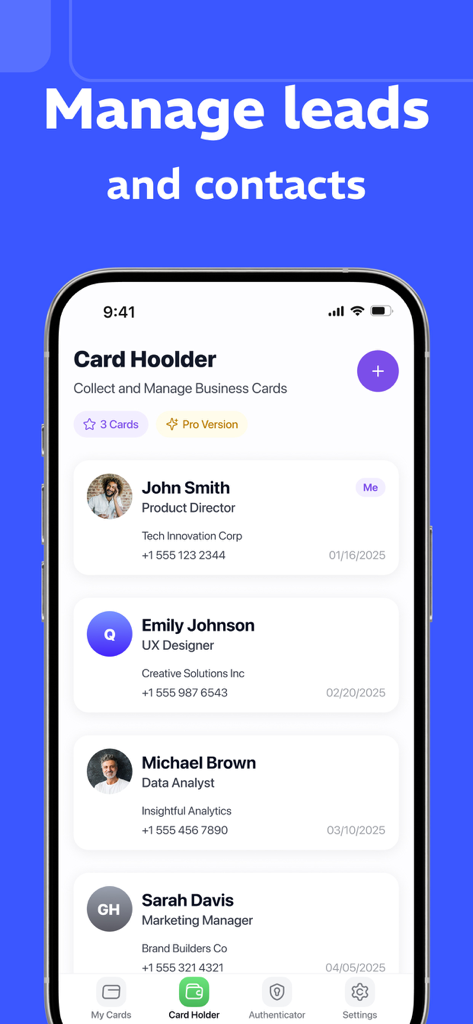 Interfaz mostrando una colección de tarjetas de presentación digitales para la gestión de contactos profesionales.