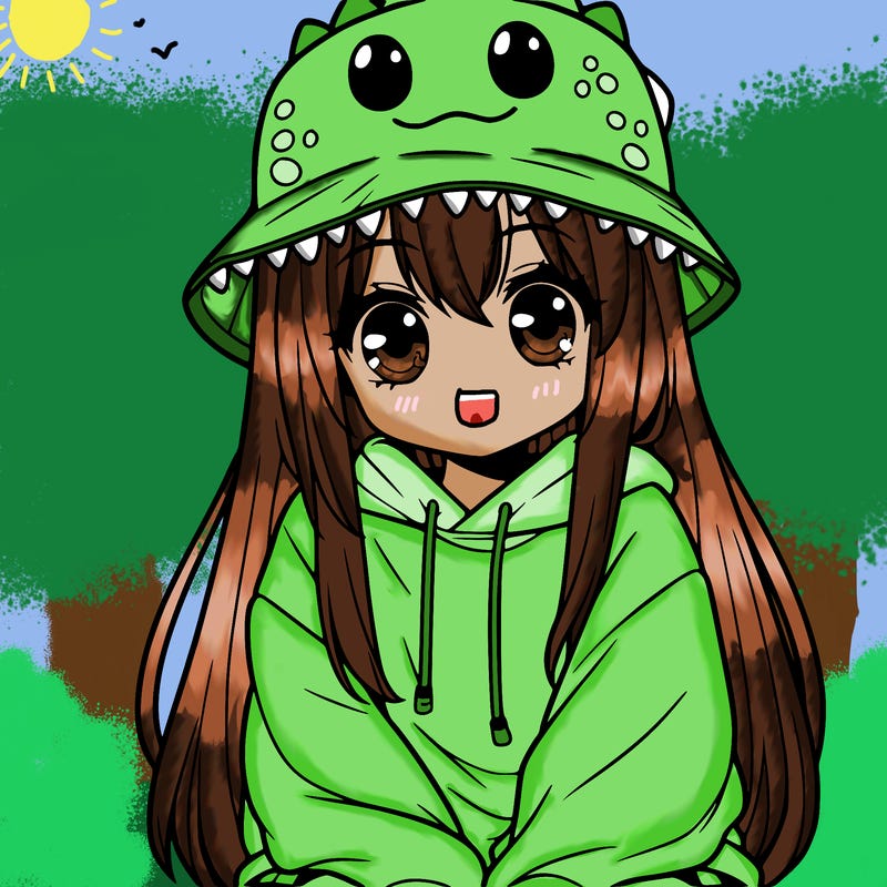 girl with anime shaped eyes with a dinosaur bucket hat oversized sweatshirt long straight hair