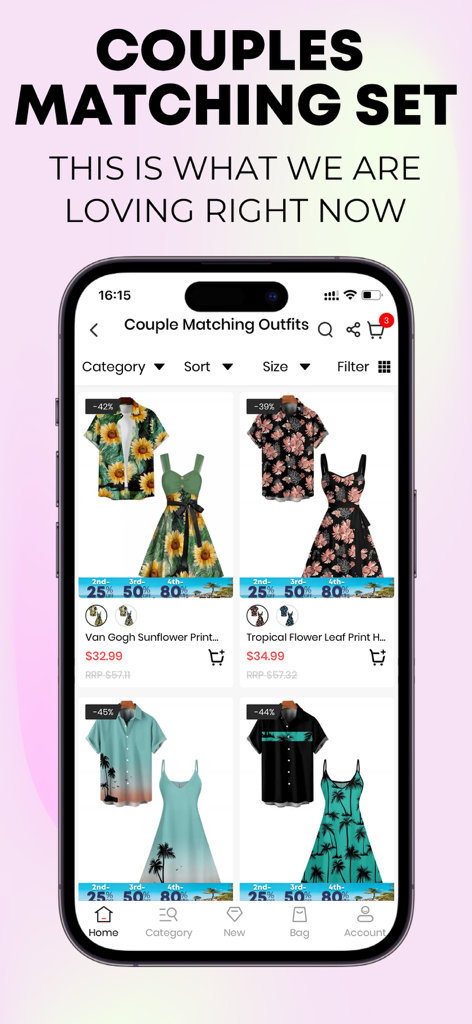 DressLily - Online Fashion - DressLily app screen showing a selection of matching floral and tropical print outfits for couples.