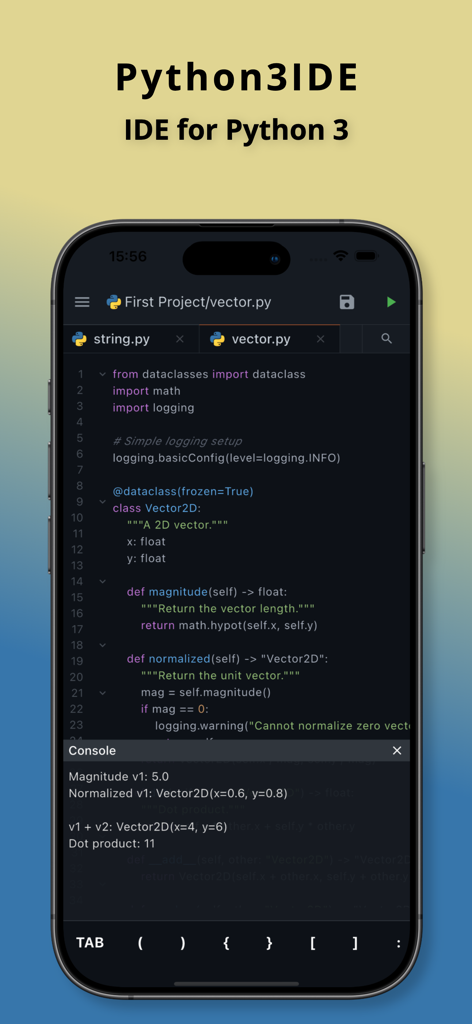 Interfaz móvil de Python3IDE mostrando un editor de código Python con resaltado de sintaxis y salida de consola en un iPhone