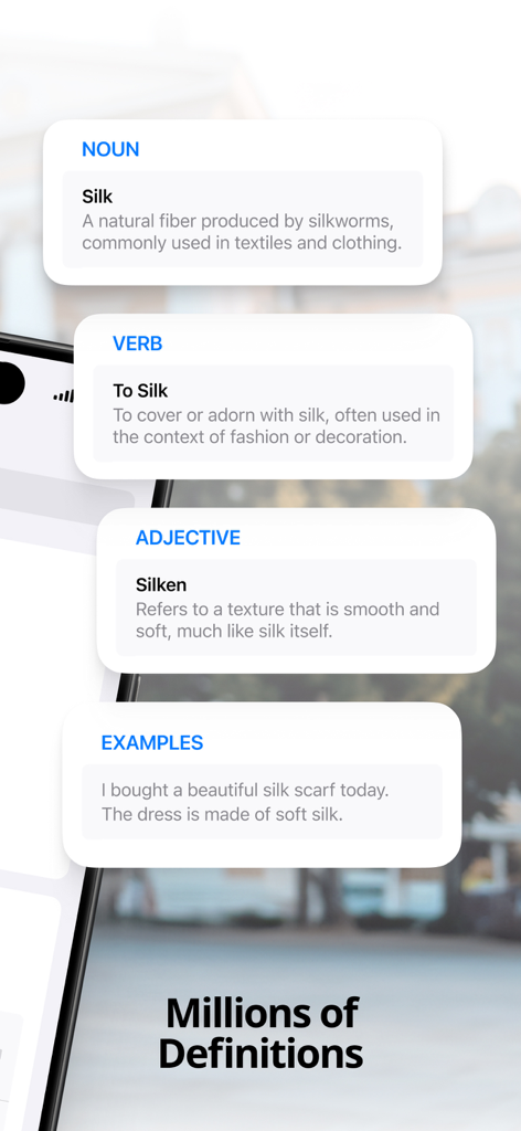Interfaz de la aplicación Dictionary Air mostrando definiciones de sustantivo, verbo y adjetivo para la palabra silk junto con ejemplos de uso.