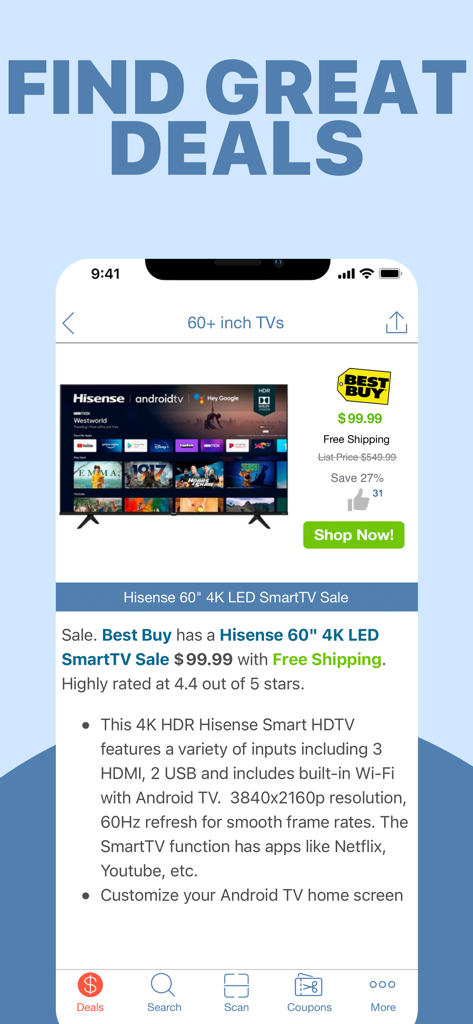 Interface of the Black Friday 2026 app displaying a 60 inch 4K Smart TV deal from Best Buy