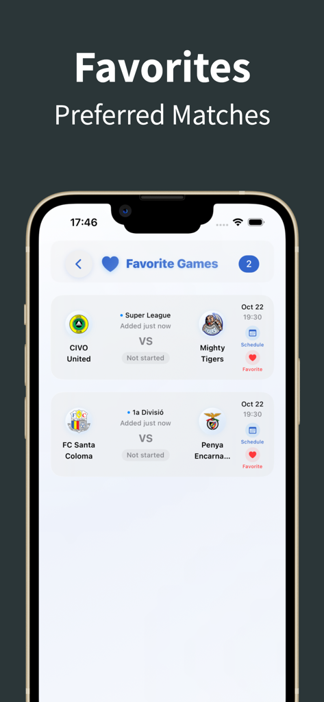 The Kuki - Football Live Score - A mobile screen from The Kuki app showing a list of favorited football matches with options to schedule.