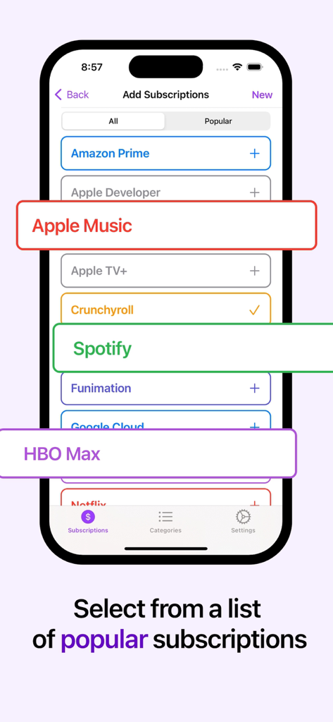 Payments Manager: Subscrible - Interface of Subscrible app showing a list of popular subscription services to add like Spotify and Apple Music