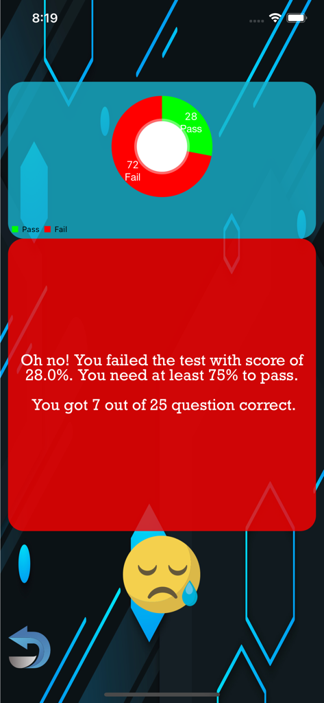 Failed results screen in the CT Registry Test Pro app showing a practice exam score of 28 percent
