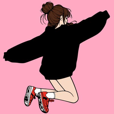 realistic girl jumping with a bun and oversized sweatshirt