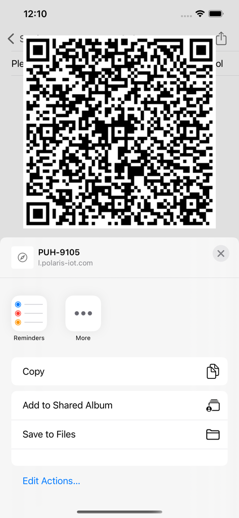 An iPhone screenshot showing a QR code for pairing a Polaris IQ Home smart device with the share menu open.