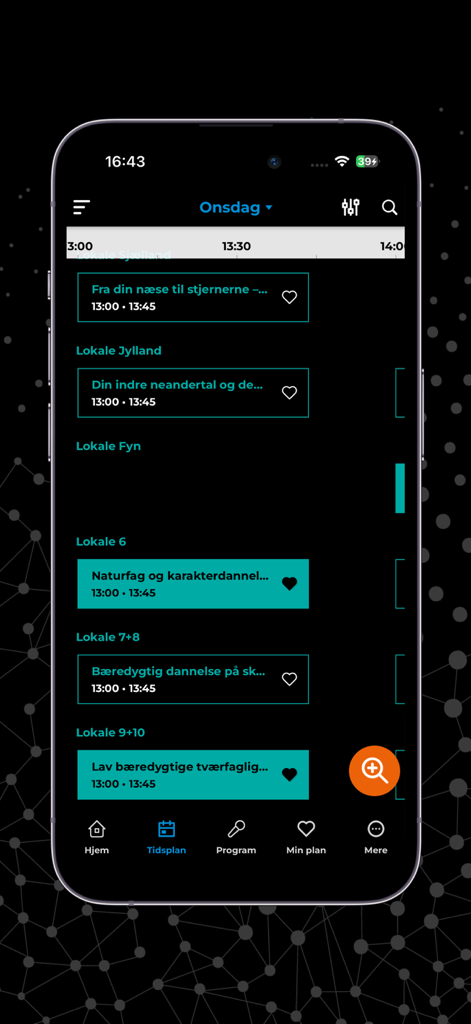 Big Bang - Mobile app interface showing the daily schedule for the Big Bang science conference with listed workshops and room locations.