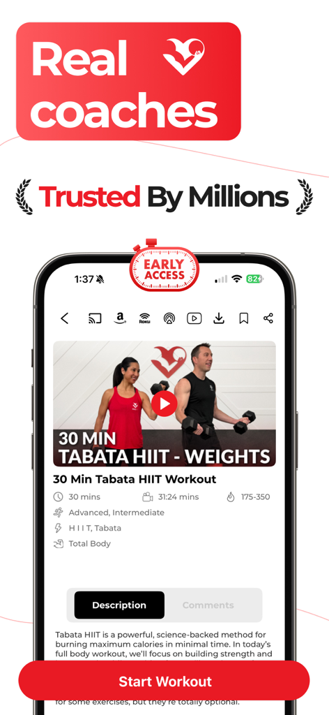 HASfit: Home Workout Programs - HASfit mobile app screen showing a 30-minute Tabata HIIT workout video with real coaches