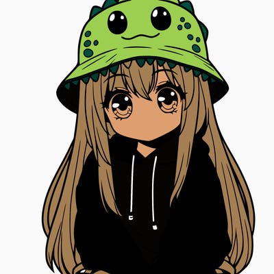 girl with anime shaped eyes with a dinosaur bucket hat oversized sweatshirt long straight hair