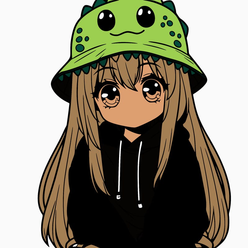 girl with anime shaped eyes with a dinosaur bucket hat oversized sweatshirt long straight hair