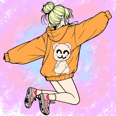 realistic girl jumping with a bun and oversized sweatshirt