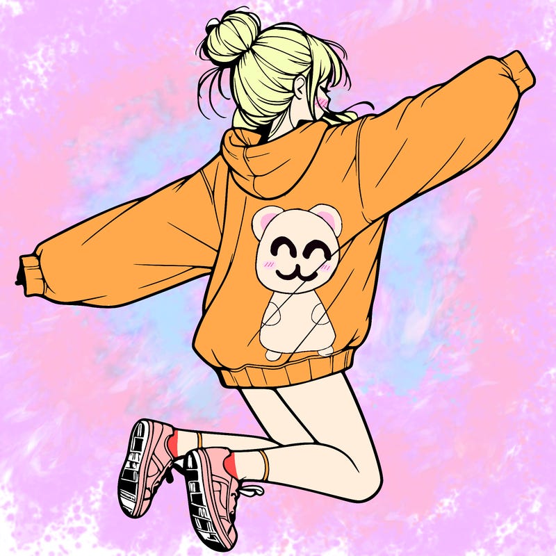 realistic girl jumping with a bun and oversized sweatshirt