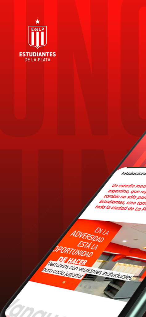 UNO - Official UNO app for Club Estudiantes de La Plata showing stadium facilities and locker room details