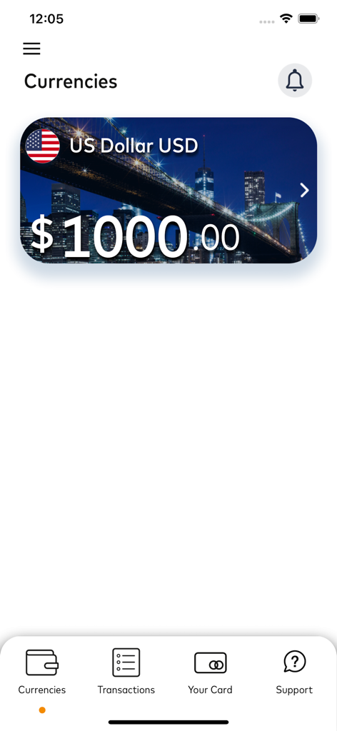 Corporate Cash Passport - Corporate Cash Passport mobile app screen showing a one thousand dollar balance in US Dollars