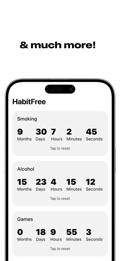 HabitFree: Quit Now - HabitFree app dashboard showing multiple timers tracking time since quitting smoking, alcohol, and gaming