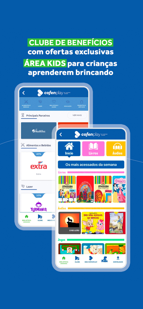 Cofenplay+ - Cofenplay app screens showing the benefits club and kids area