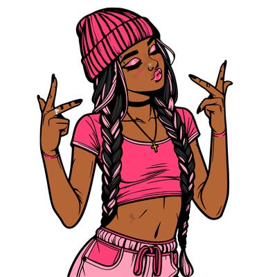 realistic teenage girl with braids and a beanie and crop top doing 🫶🏼