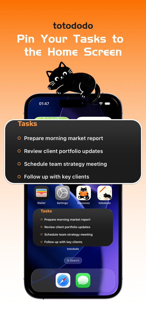 totododo - Totododo app home screen widget displaying a minimalist task list on an iPhone