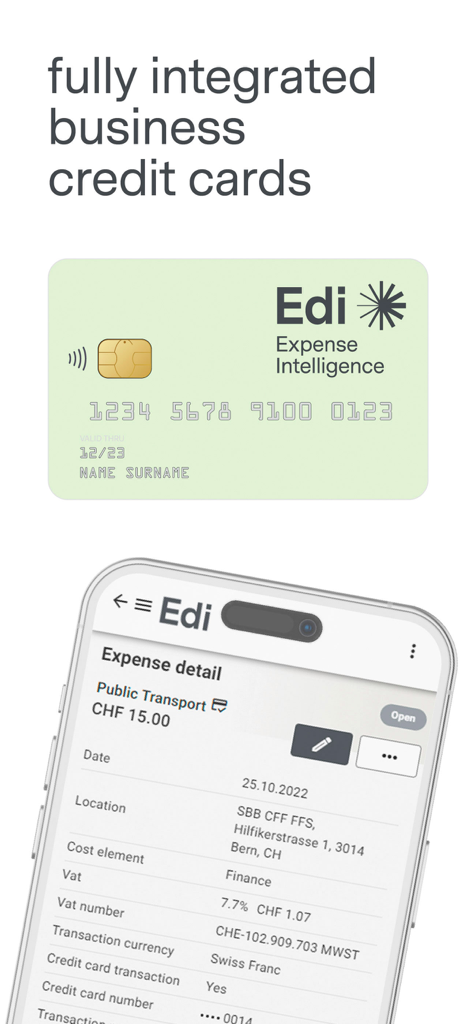Edi Expenseモバイルアプリが統合されたビジネスクレジットカードと取引詳細を表示している様子