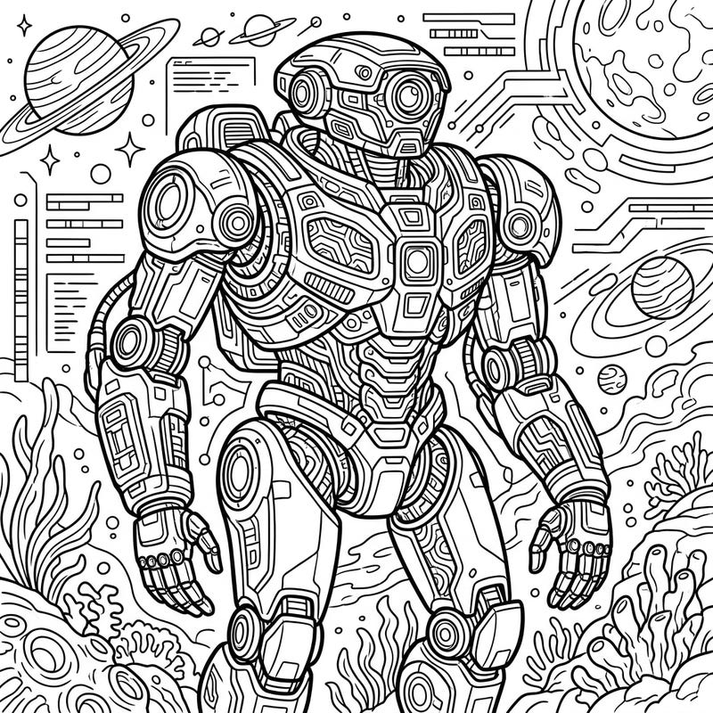 Embark on an epic coloring journey with this sophisticated exploration robot, designed specifically for adult enthusiasts. Its intricate details and sci-fi environment offer a rewarding challenge for mindful relaxation and artistic expression.