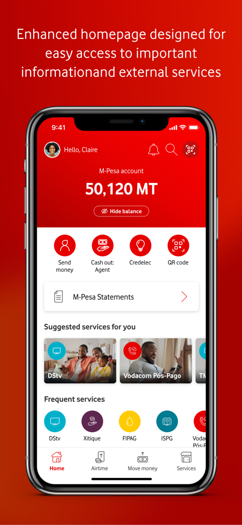 Homepage of My M-Pesa Mozambique app showing account balance and financial service icons