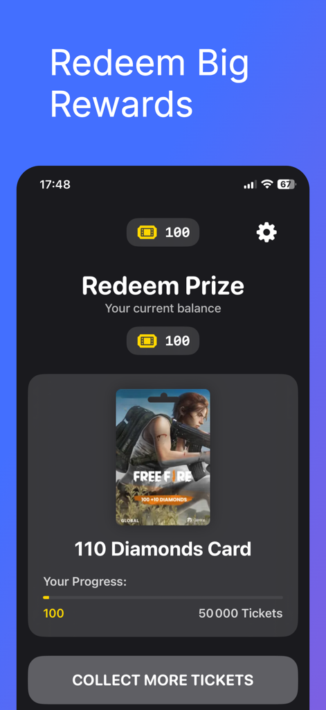 Diamond Master Quiz for FF - Tela de resgate de prêmio mostrando o progresso em direção a um vale-presente de 110 diamantes do Free Fire