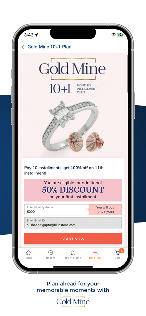 BlueStone Jewellery Online - BlueStone app screen showing the Gold Mine 10 plus 1 monthly savings plan for jewelry with a diamond ring and discount offer