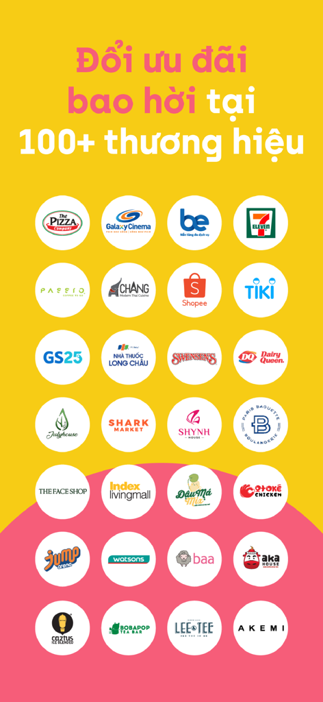 A grid of logos showing over 100 partner brands in Vietnam where TAPTAP points can be redeemed for rewards.