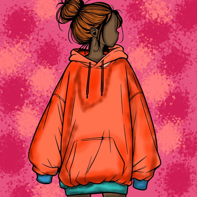 realistic girl with a oversized sweatshirt on and a bun