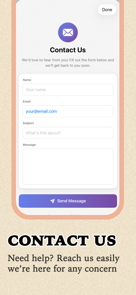 Nova Score - Nova soccer Hub - Tela de contato do aplicativo Nova Score apresentando um formulário de suporte ao cliente com campos para nome, e-mail e mensagem.