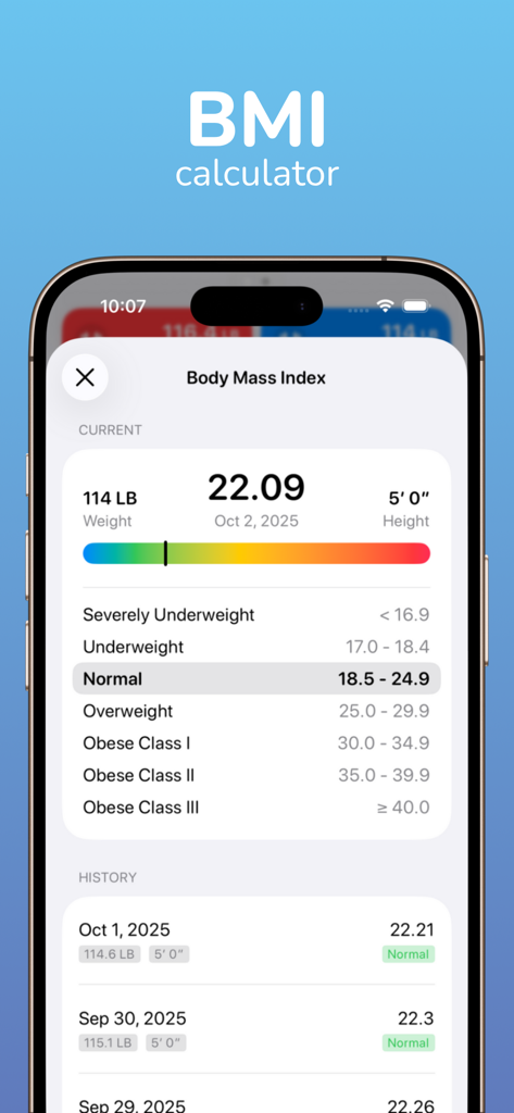 A smartphone screen displaying the BMI calculator feature within the yourWeight app showing categories and historical tracking data