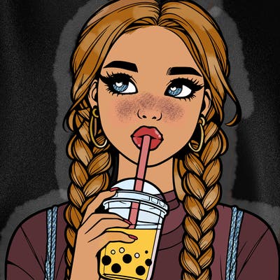 realistic girl with braided hair drinking boba