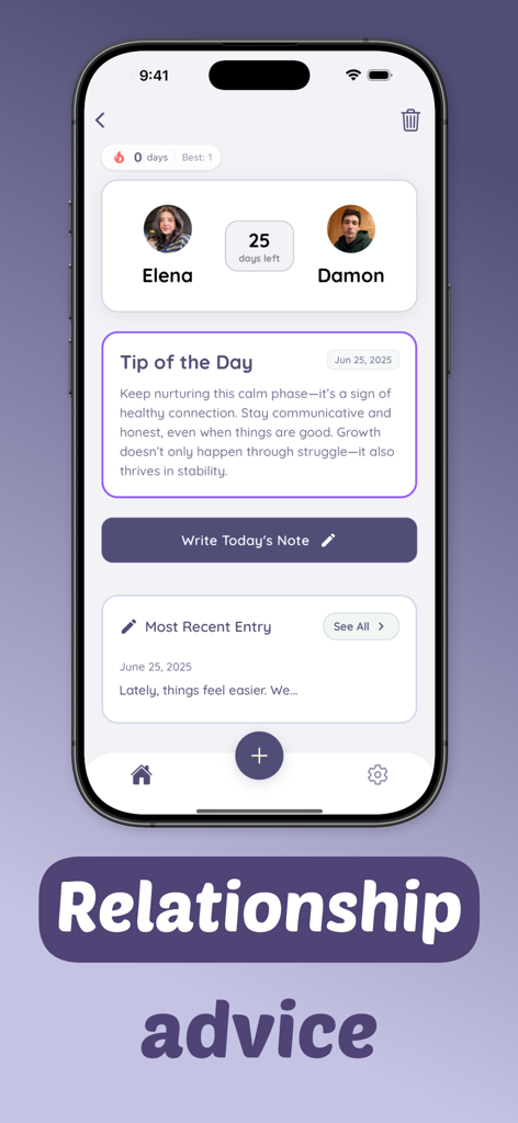 Shared couple diary - dairi - Smartphone screen displaying relationship advice and daily journaling tips in the dairi app