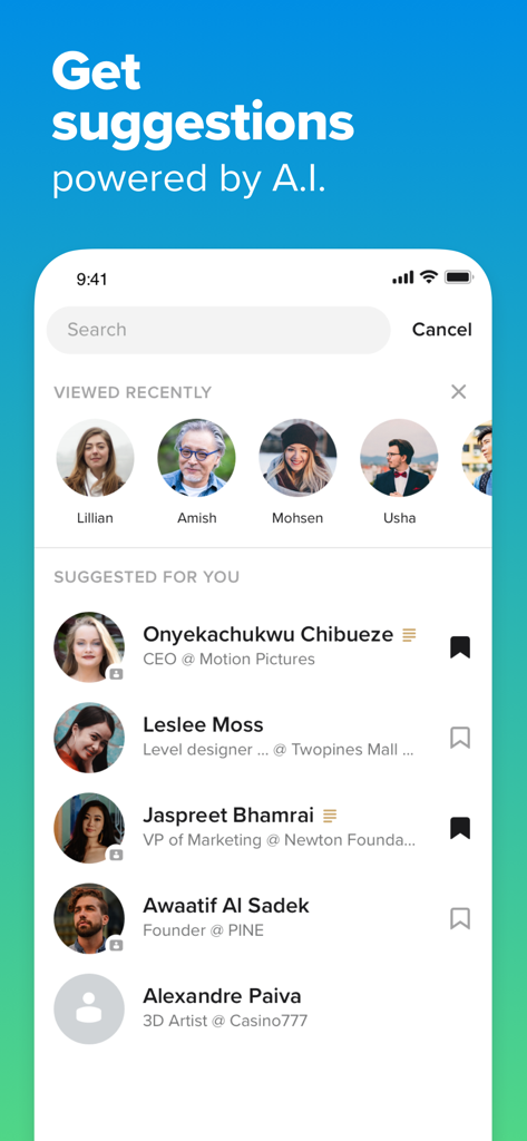 PINE Events - PINE Events mobile app screen showing AI powered networking suggestions and a list of suggested conference attendees for professional networking