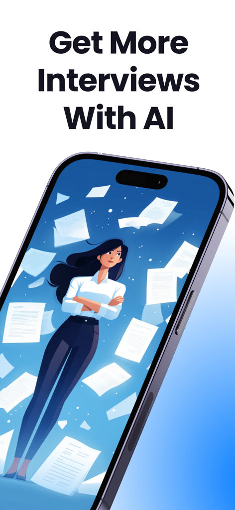 Interfaz de la aplicación Hired AI mostrando a una mujer profesional y el titular Consigue Más Entrevistas Con IA