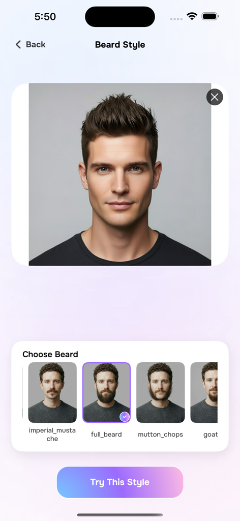 A mobile interface for an AI app showing different facial hair options like full beard and mustache for a user to try on virtually.