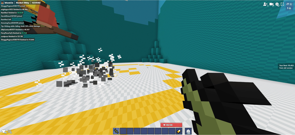 Vista en primera persona de una arena multijugador de bloques con un efecto de explosión en bloxd io